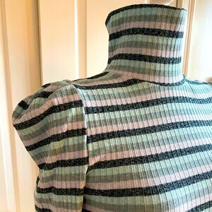 Maeve by Anthropologie Striped Ribbed Turtleneck Top with Puffed Sleeves 💜🩵